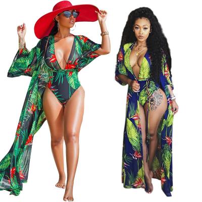 China Plus Size Lady Two Pieces Halter Sexy Swimwear Plus Size Cover Up Bikini Set Sexy Green Plants Print Swimsuit for sale