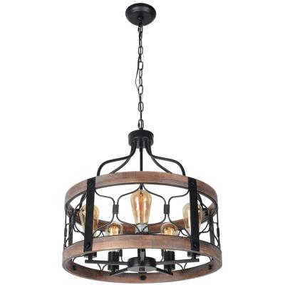 China Traditional Design Wooden Black Cage Ceiling Chandelier Metal Frame Vintage Pendant Lamp for Warehouse Farmhouse Kitchen Island for sale