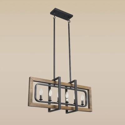 China Farmhouse Chandelier for Room, 5-Light Rectangular Chandelier, Wooden Kitchen Island Lighting, 31.5