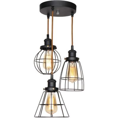 China Retro 3 Black Farmhouse Type Multi Island 3-Lights Industrial Antique Metal Kitchen Chandelier Cage Pendant Lamp for Dining Hallway for sale