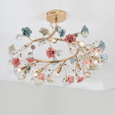 China Traditional French Style Art Design Brass Colorful Ceramic Rose Flower Wedding Chandelier Porcelain flowers pendant lamp girl's room for sale