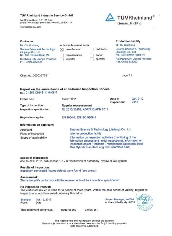 In-house Inspection Surveillance Report for EN 1964-1 and EN ISO 9809-1 - SINO GAS AND EQUIPMENT SERVICES LIMITED