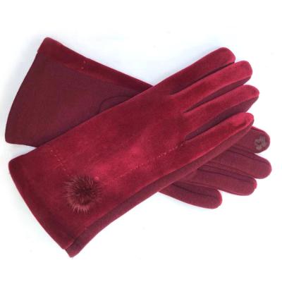 China Fashion Soft Lady Winter Faux Suede Touch Screen Gloves With Furry Ball Decorated for sale