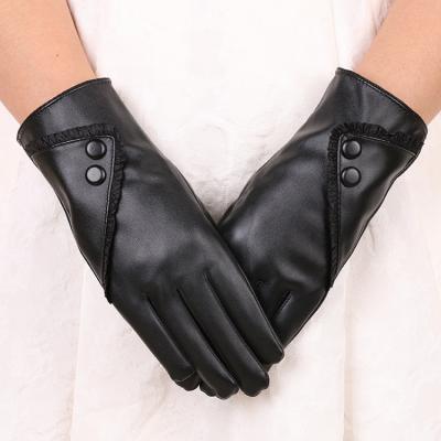 China Touch Screen Autumn/Winter Women's Simple Warm And Fluffy PU Leather Lace Gloves For Recycling for sale