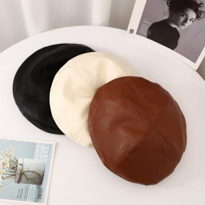 China Fashion Autumn/Winter Fashion Leather Beret Solid Color Soft Octagonal Hat for sale