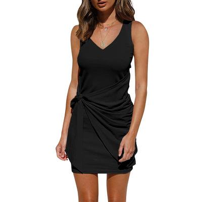 China 2021 Hot Selling Summer Spring Style V-Neck Vest Anti-Static European Loose Knotted Commuter Women's Sleeveless Dress for sale