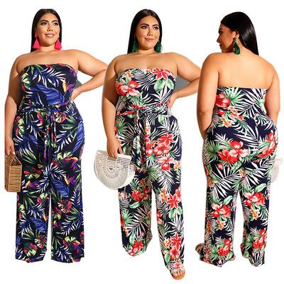 China 2021 wholesale QUICK DRY new spring Europe America plus size women's wear off-the-shoulder printed long pants overalls for sale