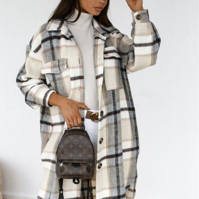 China 2021 Autumn Women Shirt Coat Fashion Anti-wrinkle Plaid Print Turn Down Collar Coat Casual Straight Long Winter Female Overcoat for sale