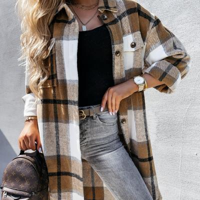 China hot sale long single breasted woolen women Anti-wrinkle autumn winter lapel ladies blouse shirt plaid jacket women coat for sale