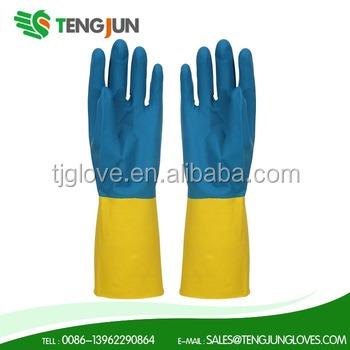 China Two color flocklined household waterproof cleaning rubber gloves for sale