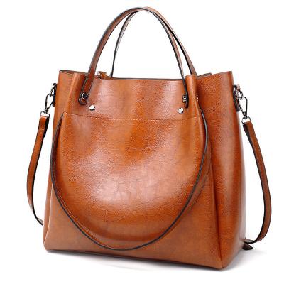 China Fashion Women Tote Bag Oil Wax PU Leather Large Bucket Lady Bags Shoulder Messenger Cross - Body Bag for sale