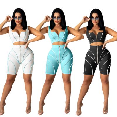 China 202011 Sleek V-Neck Tank Crop Top 2 Piece Vivid Women Outfits And Bodycon Shorts Set Tracksuit Sportswear Skinny Romper for sale