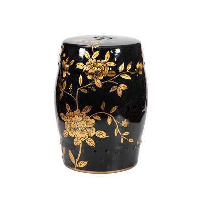 China Durable Luxury High End Elegant Black Round Floral Decorative Drum Applique Ceramic Gold Antique Stool Garden for sale