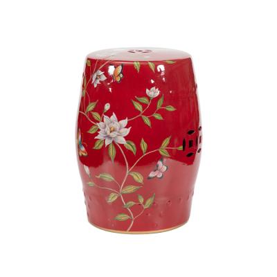 China Durable Hot Selling Butterfly Pattern Chinese Red Decorative Garden Drum Outdoor Ceramic Stool for sale