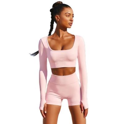 China Breathable Long Sleeve Crop Top Lightweight Slim Fit Yoga Clothes For Woman Yoga Two Piece Set Seamless Yoga Shorts Set for sale