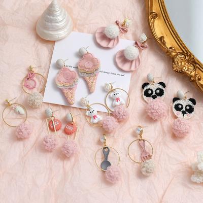 China Hot sale romantic cute pink soft cartoon fluffy ball girl earrings earrings bow ear studs s925 for sale