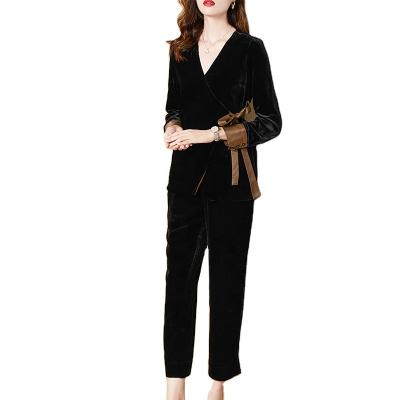 China Viable spring women's straight ankle-tied pants fashion high-end temperament business wear set silk velvet two-piece suit for sale