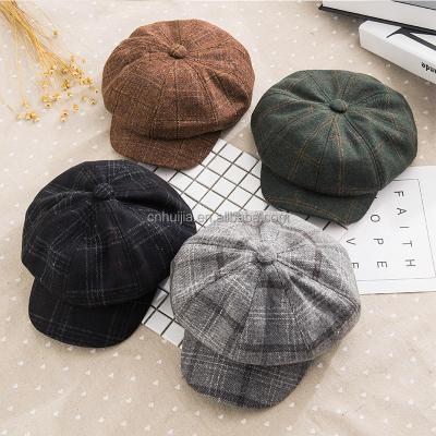 China Wholesale Cheap Wool Plaid Grid Winter Flat Surface Beret Newsboy Octagonal Hat Striped Beret Unisex Painter Hat For Women for sale