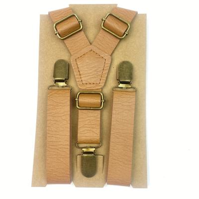 China Fashionable custom made luxury vintage tan leather adjustable pants brass or silver 3 hook suspenders for men for sale