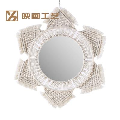 China Bohemian Round Hand & Woven Macrame Mirrors Family Round Mirror Art Bohemian Fashion Bohemian Decoration Woven Wall Hanging for sale