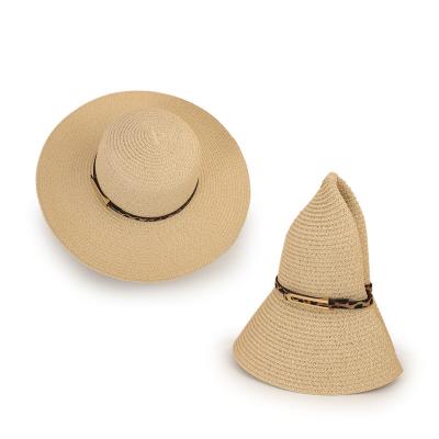 China Fresh Straw Hat Female Straw Hat Raw Material Leopard Leather Belt Foldable Summer Beach Women Eaves Trend Wide Beige Wide Soft Sunshade Eco-friendly Large for sale