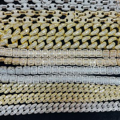 China Environmental Friendly Diamond Cuban Link Chain 20MM Hip Hop Baguette Out of 18K Gold Plated Cuban Link Necklaces Bracelet for sale