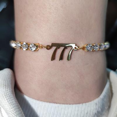 China Environmentally Friendly Bohemian Tennis Chain Madame Summer Stainless Steel Shiny Ice Out Anklets 18K Silver Digital 888 Gold Plated Angel Digital for sale