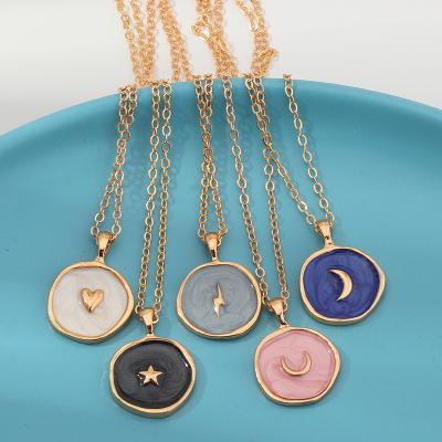 China 2020 Fashion Simple Gold Color Coin Heart Necklace Lead Free Nickel Free Enamel Stars Moon Heart Around Pendant Necklace for sale