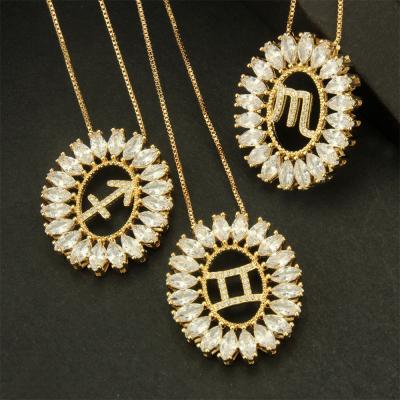 China New Arrivals CLASSIC Gold Plated Crystal Zodiac Pendant Necklace Round Cubic Zircon Zodiac Sign Necklace for sale