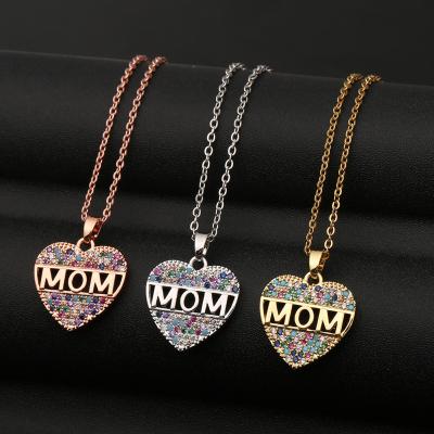 China Luxury BOHEMIA Color Rhinestone MOM Letter Heart Necklace Zirconia Crystal Heart Pendant Necklace Rainbow for Women for sale