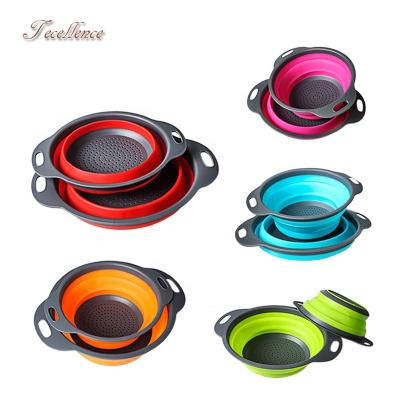 China Stocked 100% Food Grade Silicone Plastic Vegetable Baskets Around Vegetable Fruit Collapsible Washing Sieve for sale