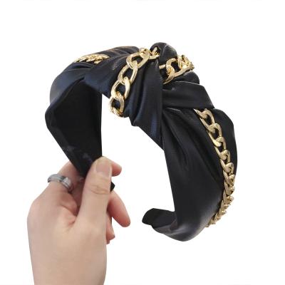 China 2021 hit European and American punk ladies Amazon style PU leather chain headband tied wide brim twisted headband women product for sale