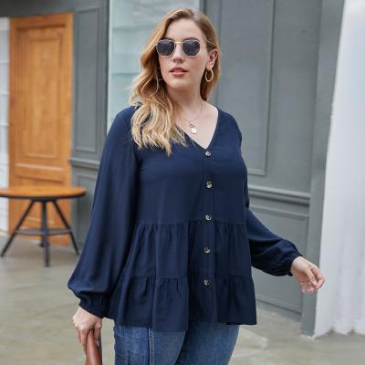 China Hot Selling Plus Size Casual Women Plus Size Tops With Front Buttons Long Sleeve V Neck Plus Size Shirts for sale