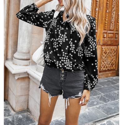 China V-Neckline Lucky Star Print Shirt Fall Spring Women Blouse Black Chiffon Breathable Elegant Tops for sale