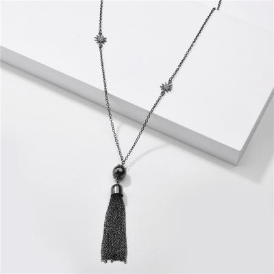 China TRENDY Thin Chain Pave Stars Black Gun Plated Long Chain Tassel Sweater Pendant Necklace for sale