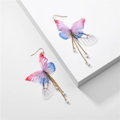 China Internet Romantic Fancy Insist Organza Yarn Delicate Dyed Butterfly Beautiful Wings Tassel Drop Dangle Earrings for sale