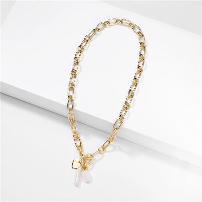 China FASHIONABLE Thick Baroque Coin Pearl Freshwater Necklace Chain Link Restriction Gold Color Gold Lasso Pendant Necklaces For Women for sale