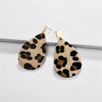 China ALLOY women water drop shape PU cowhide earring leopard print horse hair fur earrings leather jewelry for sale