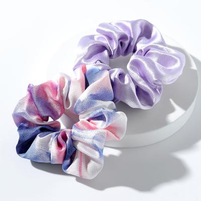 China Europe Wholesale 2pcs Custom Tie Dye Rainbow Silk Logo Hair Scrunchies Elastic Set for sale