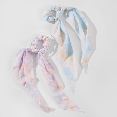 China Europe Hot Selling Design New Above Waist Tie Dye Silk Hair Scrunchies Women Elastic Dovetail Hair Band Scarf Hair Rope Ties for sale