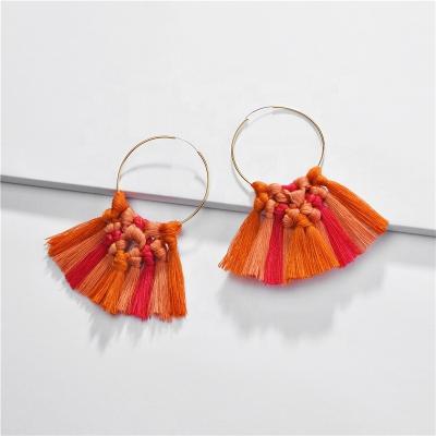 China ALLOY Fashion Jewelry Factory Stock BOHO Colorful Fringed Bohemian Wire Hoops Tassel Earring Cooper For Women for sale