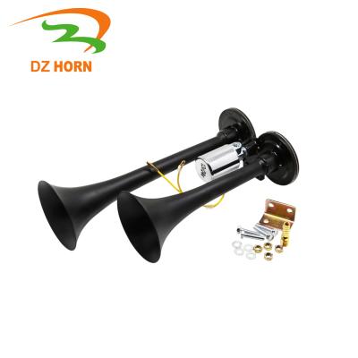 China 12v/24V Universal Air Horn 135db 2 Super Loud Zinc Alloy Dual Trumpets And Full Kit Chrome Black Finish Electric Air Horn Truck for sale