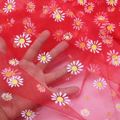 China Daisy Mesh Fabric News Apparel Wedding Dress Optional Soft Printing Fabric 150cm Viable Breathable Width 15 Colors For Summer Skirt for sale