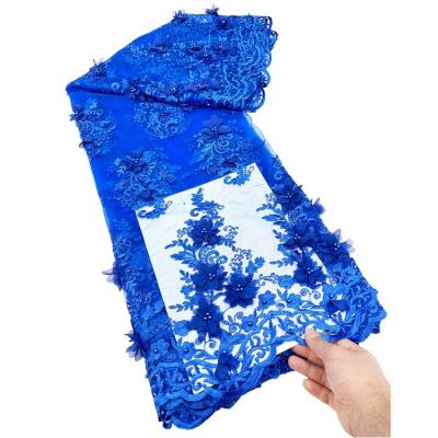 China New Factory 3D Flower Dress Double Border Lace Fabric Wholesale Stock Wedding Party Royal Blue 3d Lace Fabric for sale