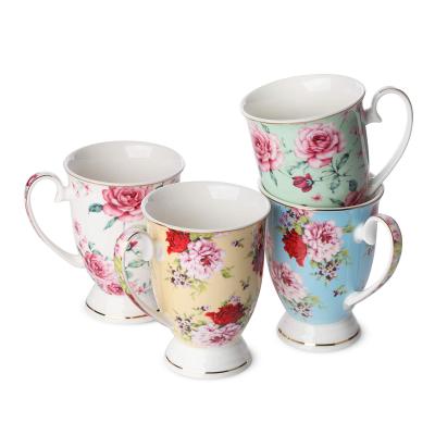 China 12 oz Large Modern Bone China Floral Mugs for Coffee and Tea for sale