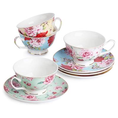 China Modern 8 oz bone china tea cups and saucers set of 4 with floral rose design for tea for sale