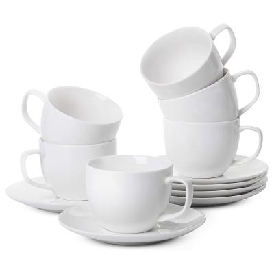 China Modern White 8 fl oz Espresso Cappuccino Porcelain Cup and Saucer Set of 6 for Latte Coffee and Tea for sale