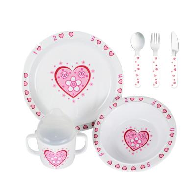 China 1 6 Pcs European Style Customized 100% Melamine Baby Dish Set For Girl With Stainless Spoon, Fork, Knife for sale