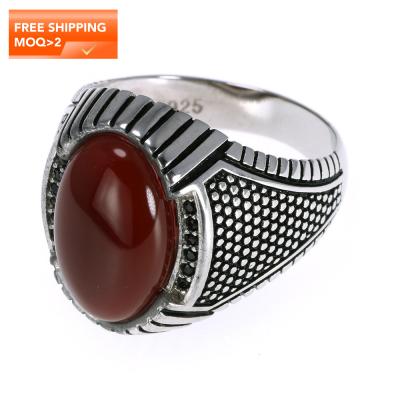 China Vintage Green Color Jewelry Mens Red Natural Stone Rings 925 Silver Turkish Rings for sale