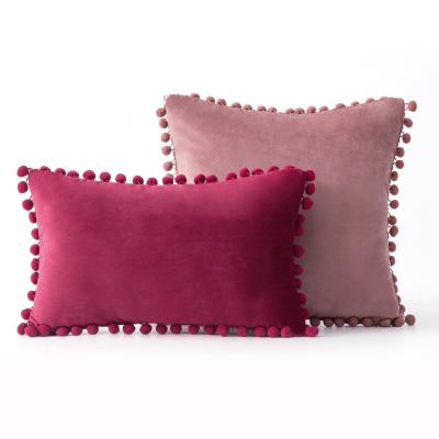 China Luxury Hotel Decorative Bed Monad Color Velvet Cushion Cover Pure With Pom Pom for sale